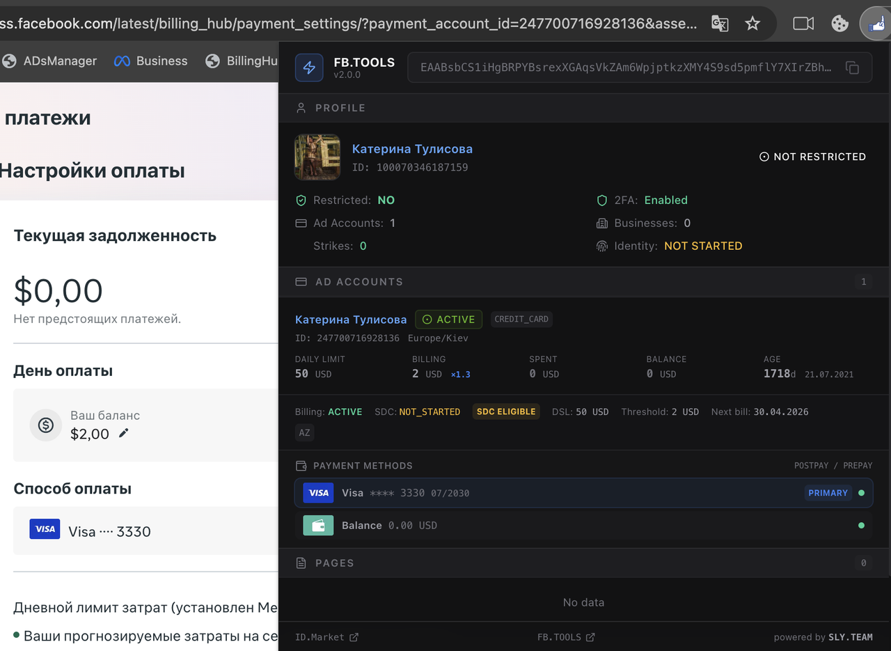 Screenshot of the FB.Tools extension popup: profile, ad accounts, payment methods and pages